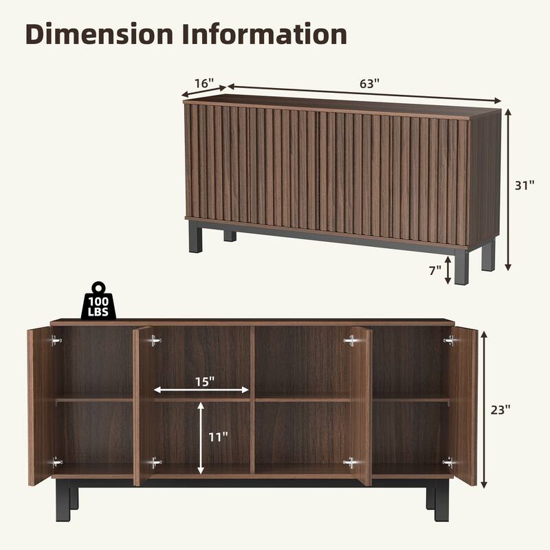 Fluted Sideboard Buffet Cabinet with 4 Doors, Modern Storage Credenza with Adjustable Shelves for Dining Room & Entryway