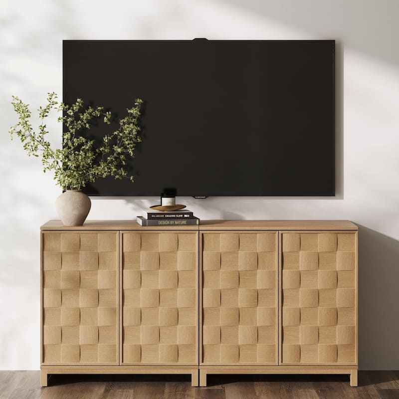 Paige Mid Century Modern Bar Cabinet Credenza, Light Wood Accent Cabinet with Sculpted Doors and Interior Adjustable Shelf - Set of 2 - Light Brown