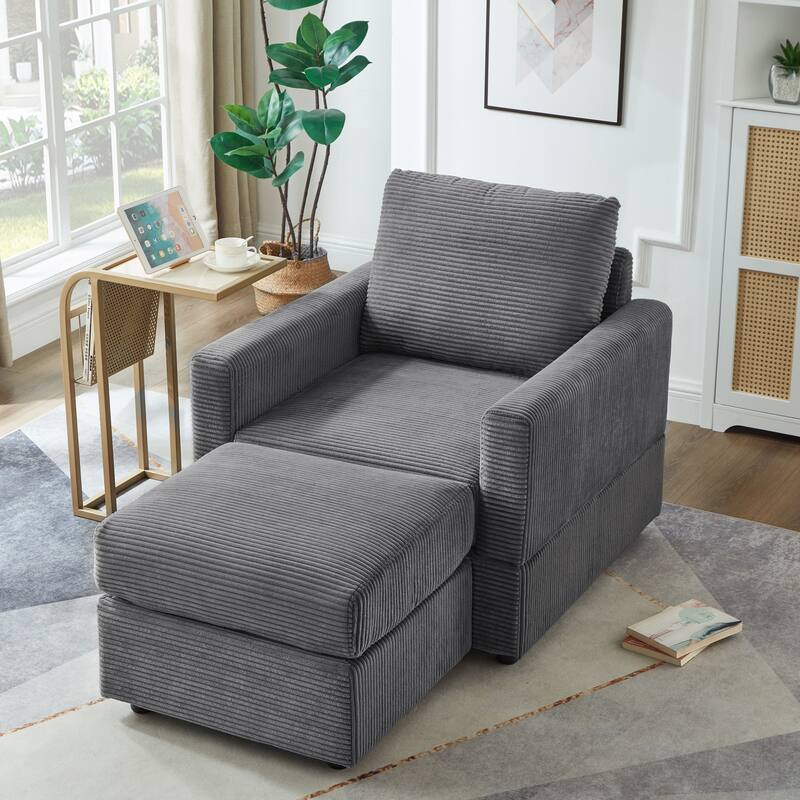 Classic Corduroy Chaise Lounge Chair with Ottoman,Upholstered Sofa Couch Chair for Living Room,Accent Lounge Chair with Armrests