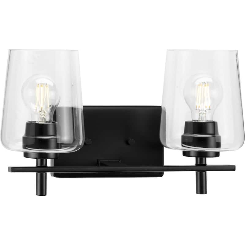 Calais Collection Two-Light Matte Black Clear Glass Bath Vanity Light - 14.62 in x 6.5 in x 8.5 in - 14.62 in x 6.5 in x 8.5 in