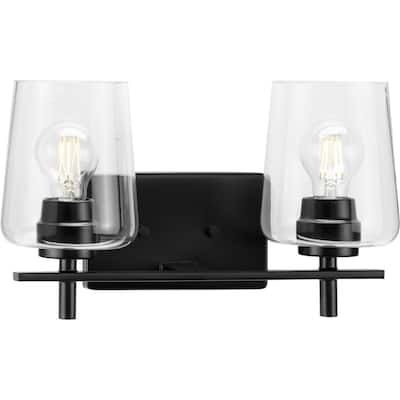 Calais Collection Two-Light Matte Black Clear Glass Bath Vanity Light - 14.62 in x 6.5 in x 8.5 in