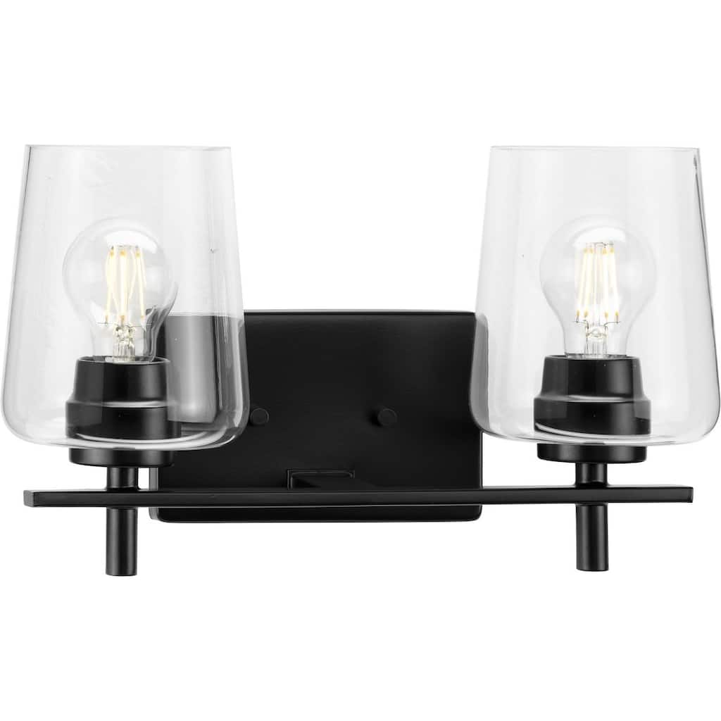 Calais Collection Two-Light Matte Black Clear Glass Bath Vanity Light - 14.62 in x 6.5 in x 8.5 in