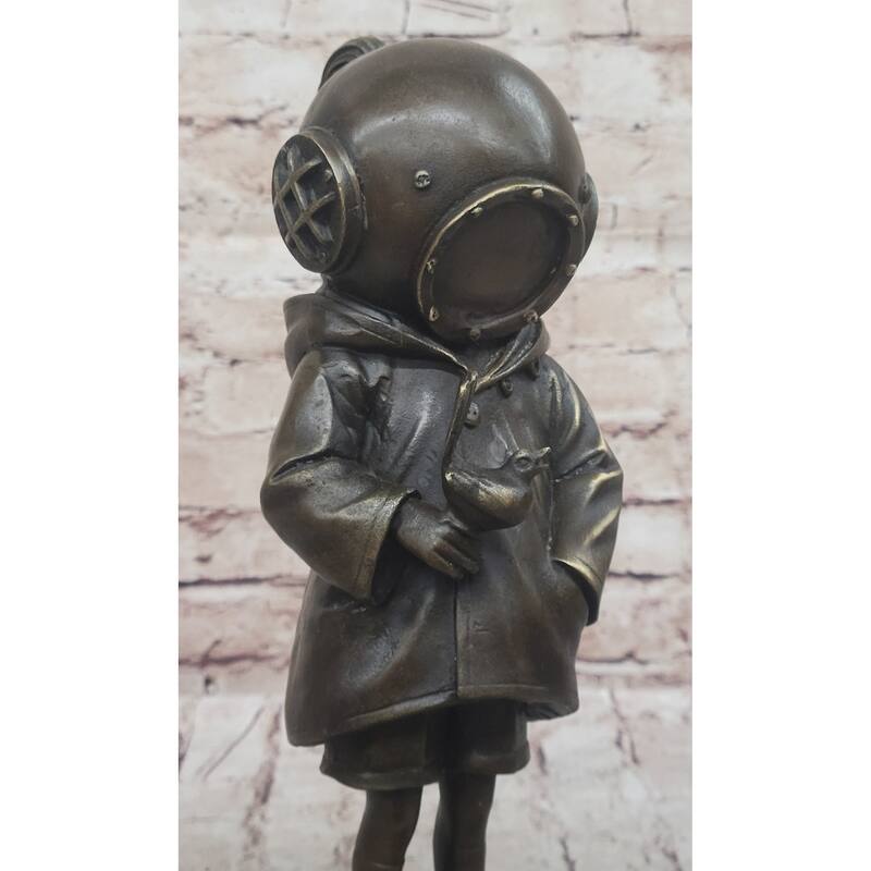 Space Girl And Bird After Banksy - Bronze Sculpture Statue On Marble Base