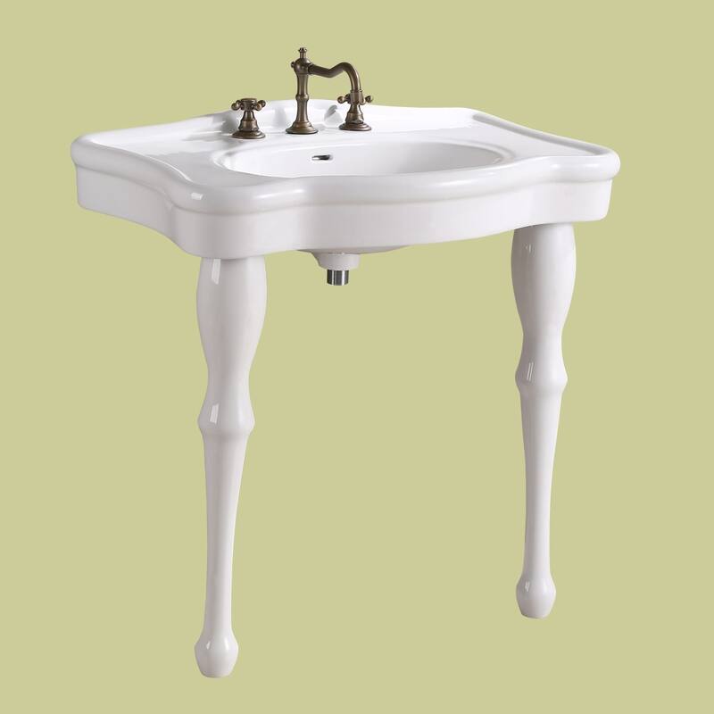 Jasmine White Porcelain Wall Mount Console Sink 2 Spindle Pedestal Leg With Overflow and Widespread Faucet Holes