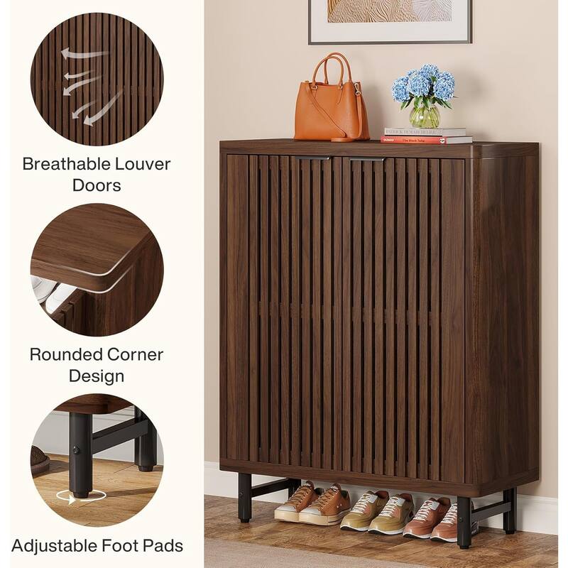 6-Tier Shoe Cabinet with Shutter Doors Adjustable Shelves Wooden Storage Cabinet for Entryway/Hallway/Closet/Living Room