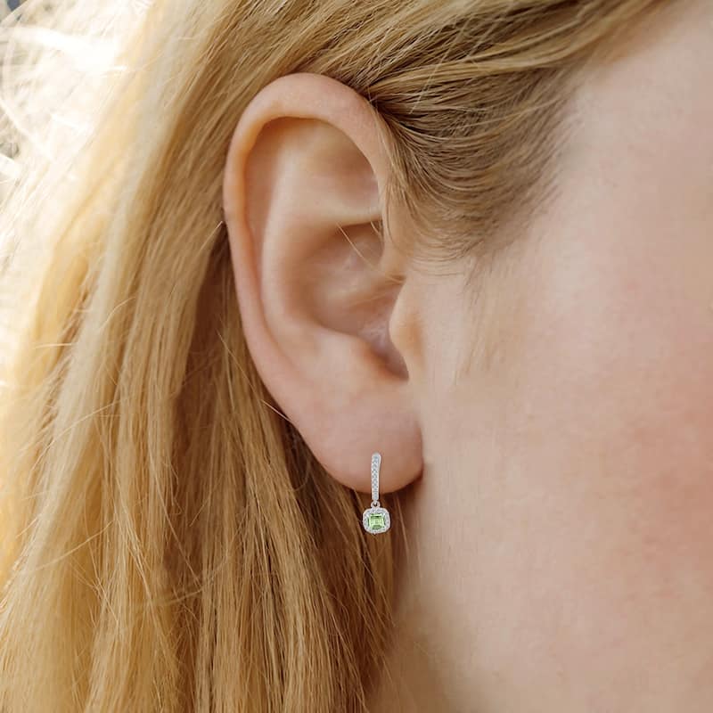 Marquee 1 Carat Green Amethyst and Diamond Halo Dangle Earrings in 10K White Gold