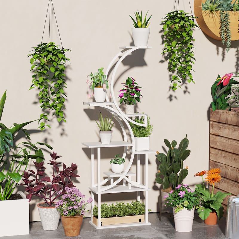 Eight-Tier Corner Plant Stand with S-Shaped Steel Frame and Fir Wood Shelves for Home Decor - 24.4" W x 10.2" D x 61.8" H