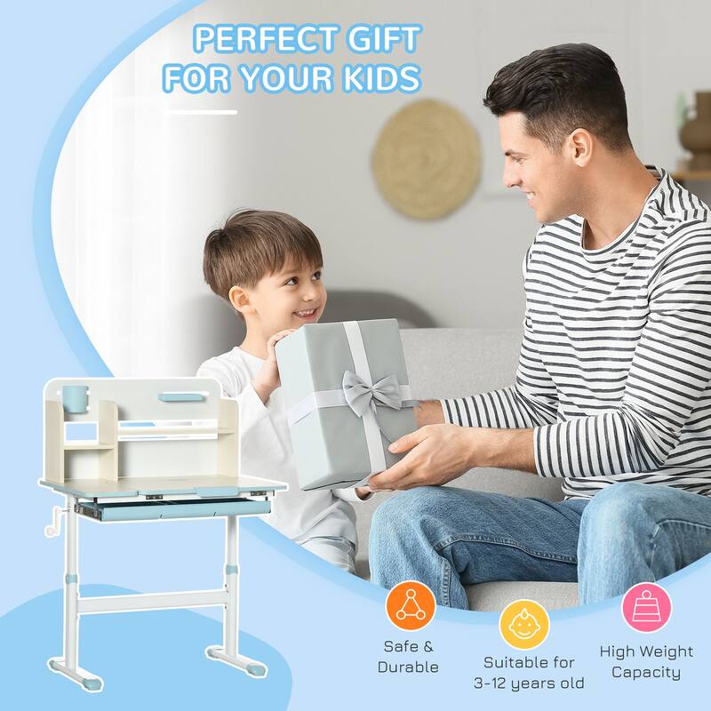 Qaba Wooden Kids Study Desk, Height Adjustable Children School Study Table, Student Writing Desk with Tilt Desktop