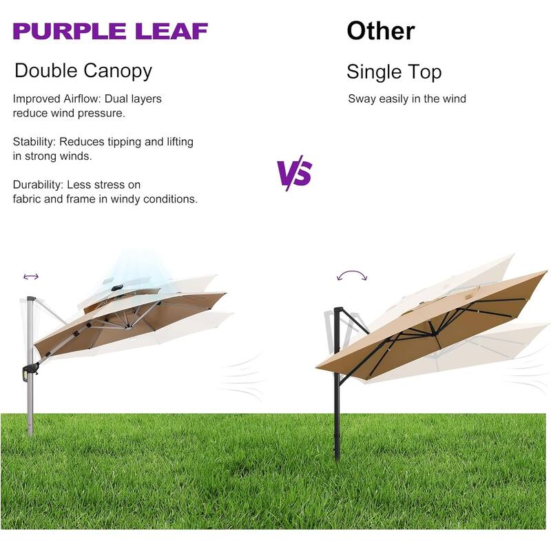 PURPLE LEAF 10/11/12ft Round Double Top LED Patio Cantilever Umbrella with Base