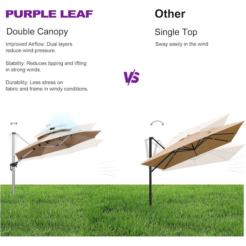 PURPLE LEAF Double Top 10/11/12ft Round Outdoor Patio Cantilever Umbrellas with Lights