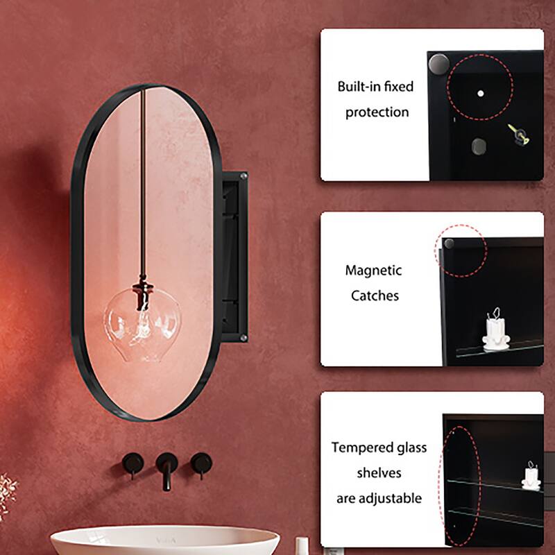 Oval Recessed Medicine Cabinet,Metal Framed Bathroom Wall Cabinet with Mirror and Adjustable Shelves,Wall Mirror with Storage