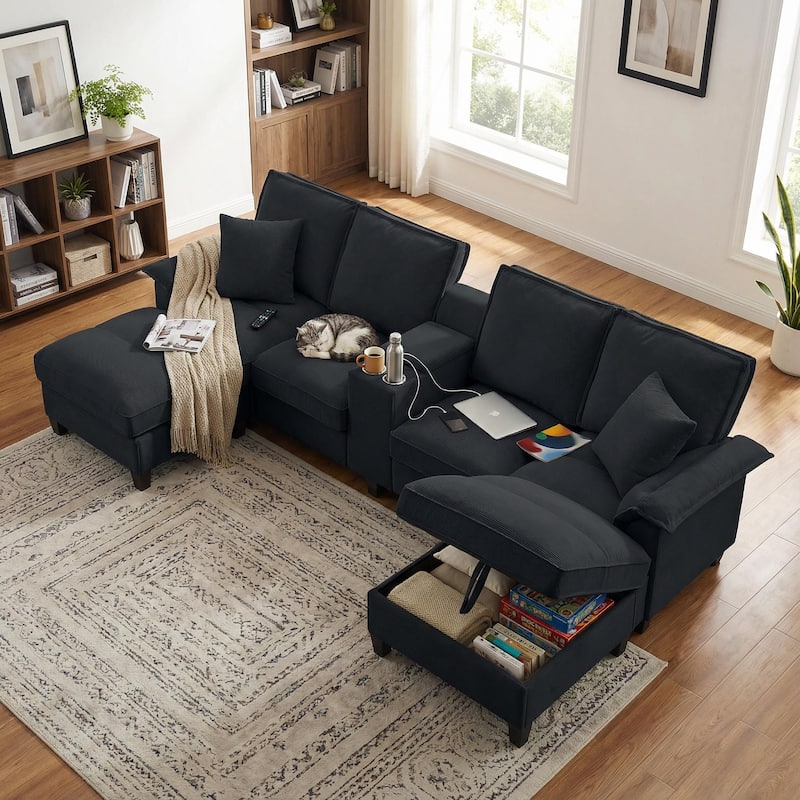 Homy Casa 120" U-Shaped Modular Corduroy Sectional Sofa Bed w/ Storage, Cup Holders & USB, 4-Seat (Beige/Green/Gray/Black)