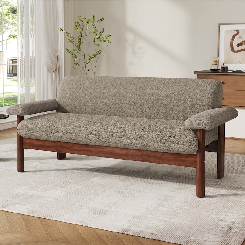 Roomfitters Modern Berber Fleece Loveseat Sofa with Armrest Pillows, 2-Seater Couch - Brown