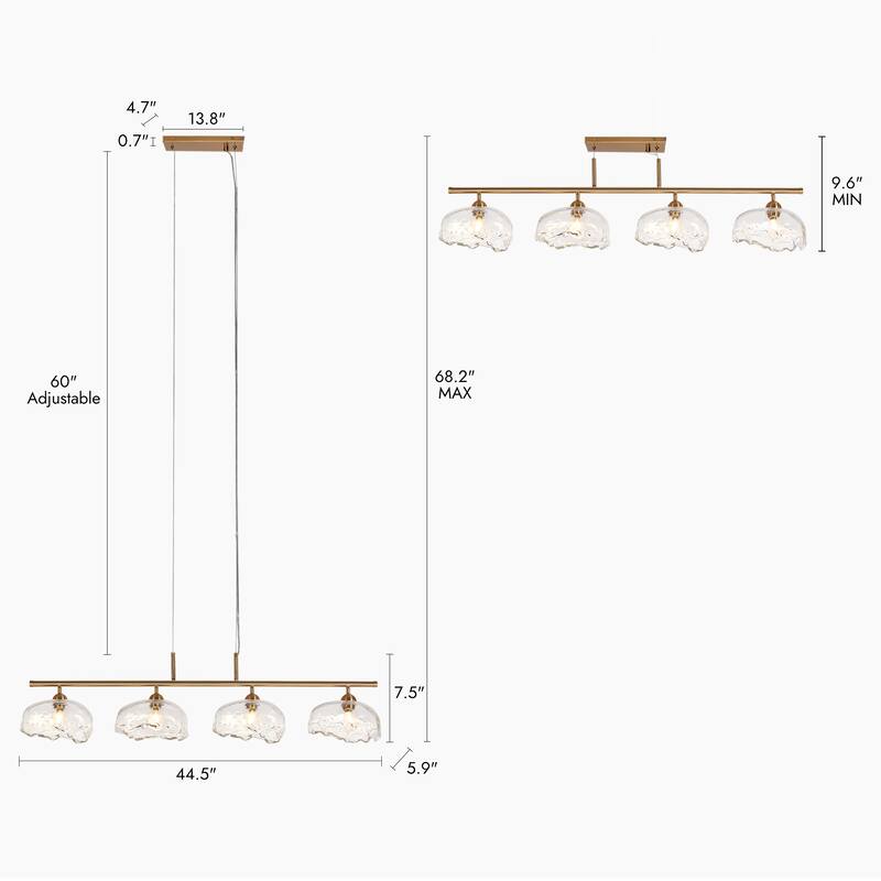 Modern 4-Light Gold Chandeliers 44 IN Linear Textured Glass Island Lights for Dining Room - W44.5" x H68.2" Max