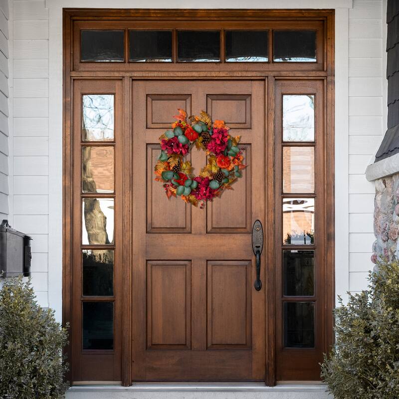 Orange Burgundy Fall Harvest Artificial Floral Pinecone Wreath, 22"
