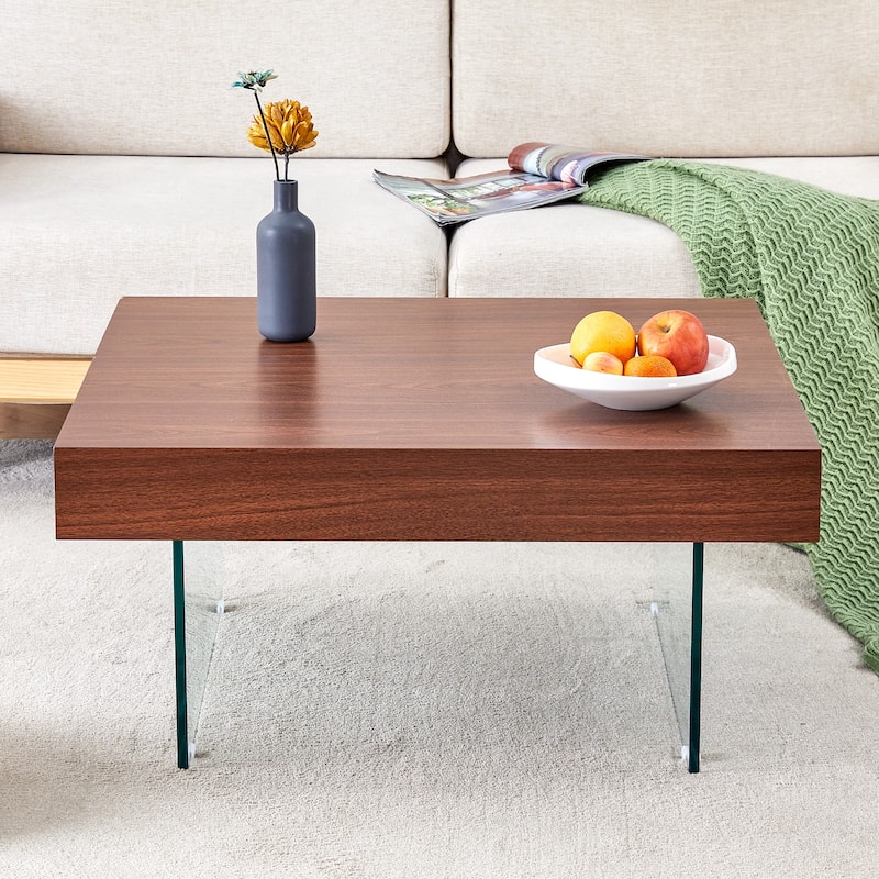 Roomfitters Square MDF Coffee Table with Tempered Glass Legs, 31.5"x31.5" Natural Style Center Table