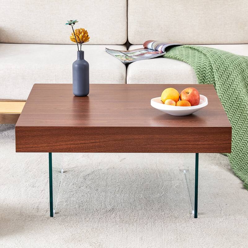 Walnut Colored Square Mdf Coffee Table-31.5"X31.5"With Tempered Glass Legs.Density Board Sticker,Reinforced Glass Legs
