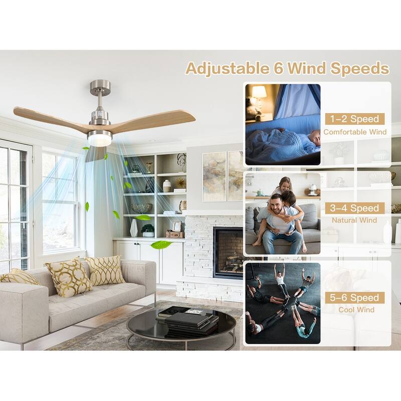 52" Solid Wood Noiseless 3-Blade Ceiling Fans with Dimmable LED Light Optional and Remote, 6-Speed Reversible DC Motor