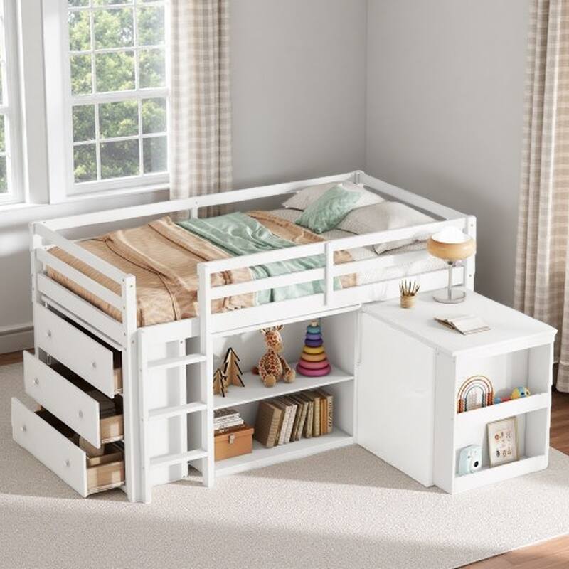 Twin Loft Bed with Pull-Out Desk, Storage Cabinets & Drawer Shelves, Solid Rubber Wood, Safety Guardrail & Ladder - White