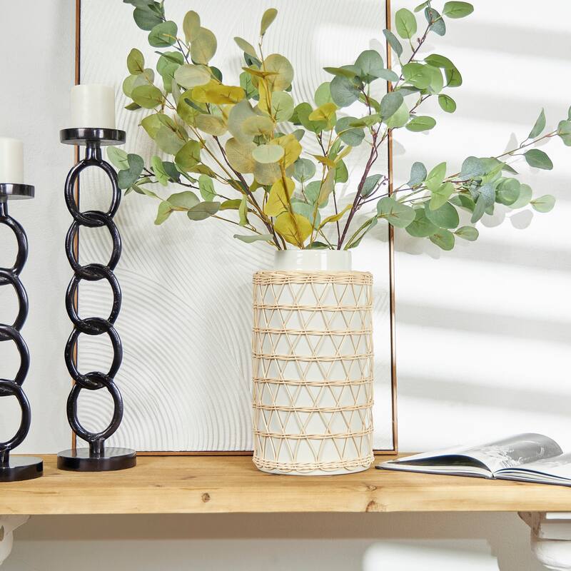 White Ceramic Handmade Decorative Vase with Woven Rattan Exterior - 8"W, 15"H - 8"W, 15"H - White