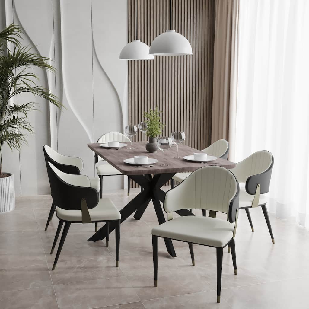 7-Piece Dining Set with 63-Inch Rectangular MDF Dining Table and 6 Leather Arm Chairs