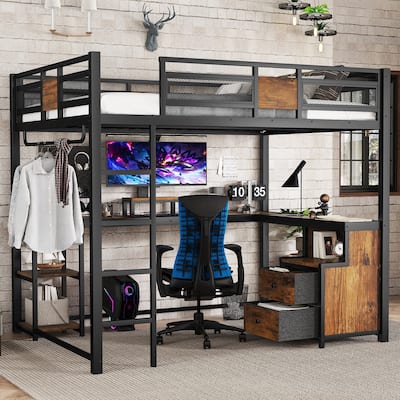 Queen Loft Bed with Desk and Storage Non-woven Fabric Drawers, Metal Loft Bed Frame with Ladders, Nosie-free