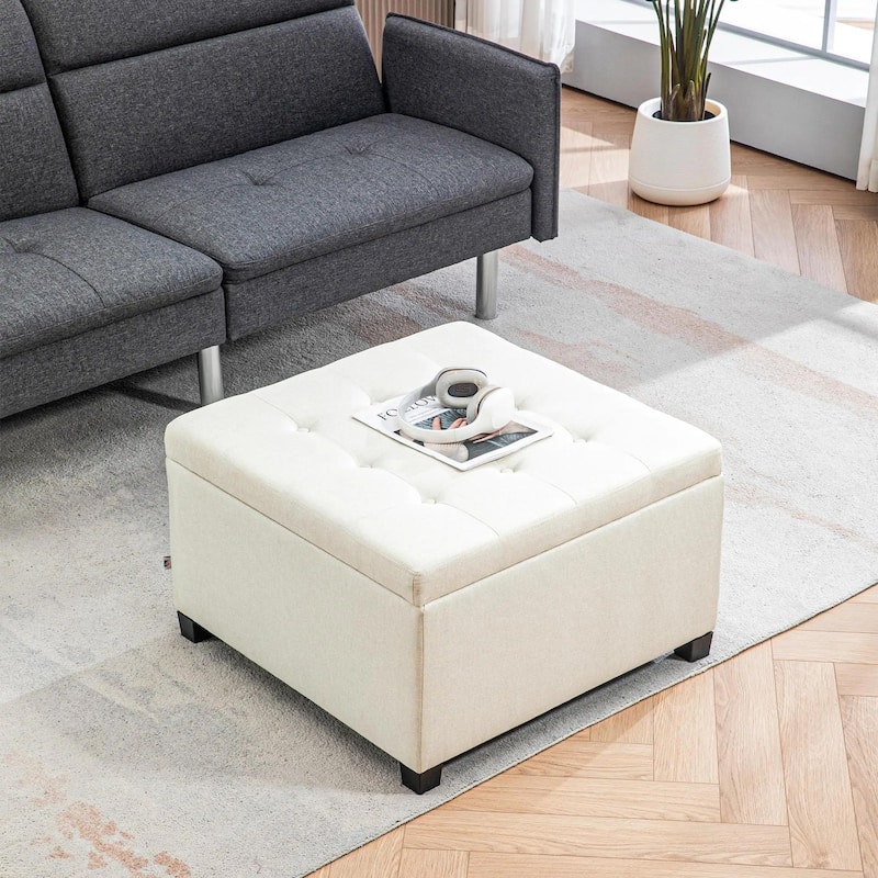 Round Storage Ottoman Bench, Button Tufted Ottoman with Flip Top
