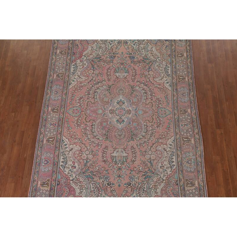 Hand Knotted Oriental 100% Wool Carpet Traditional Floral Pink Tabriz Area Rug - 9' 10'' X 6' 7''