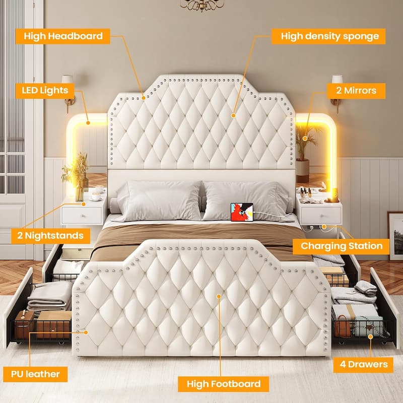Queen Bed Frame 53" Tall Headboard 4 Drawers 2 Nightstands Mirror