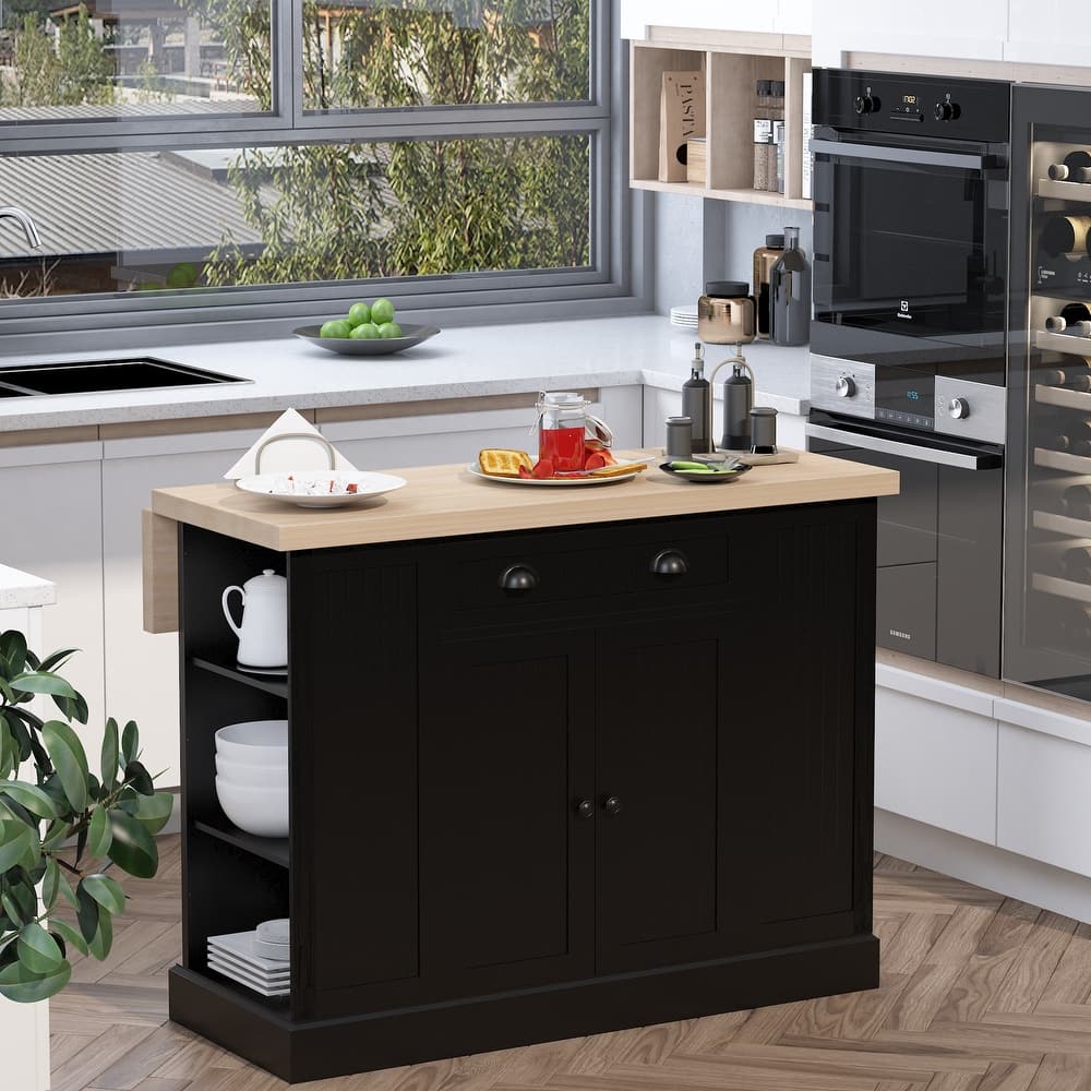 HOMCOM Fluted-Style Wooden Kitchen Island, Countertop with Drop Leaf, Drawer, Open Shelves, Storage
