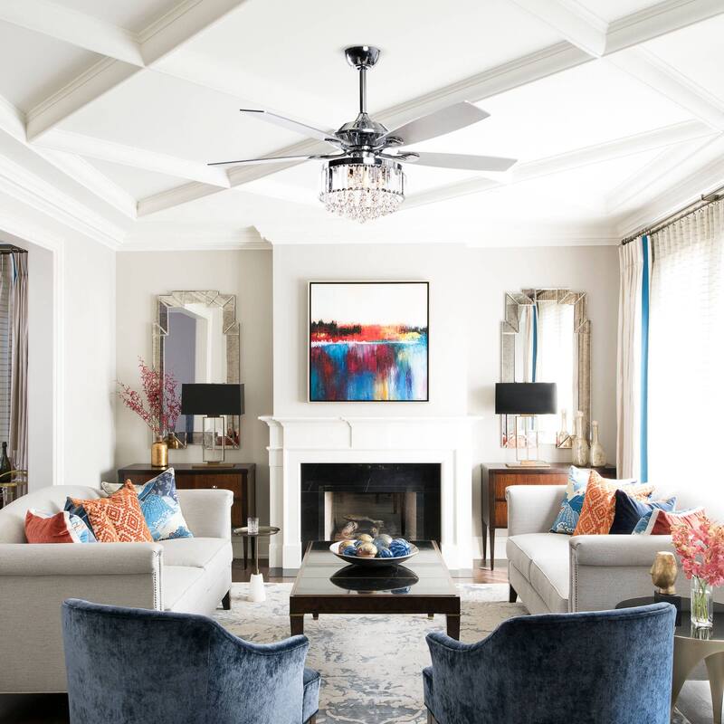 Modern Chrome 5-Blades Crystal Chandelier Ceiling Fan with Remote - 52 Inches