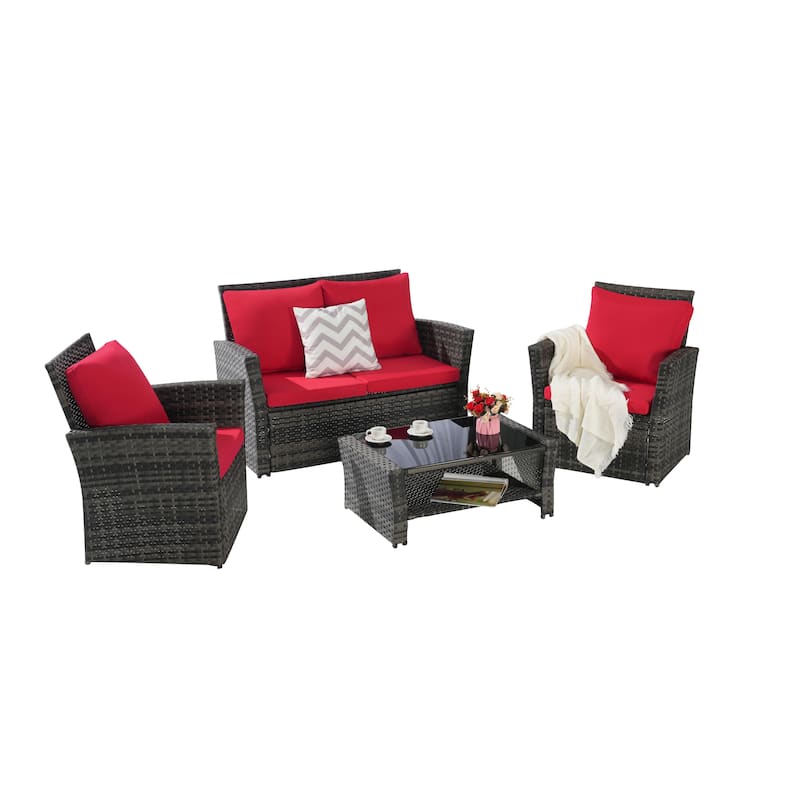 4-Piece Outdoor Patio Rattan Conversation Sofa Set with Tempered Glass Coffee Table