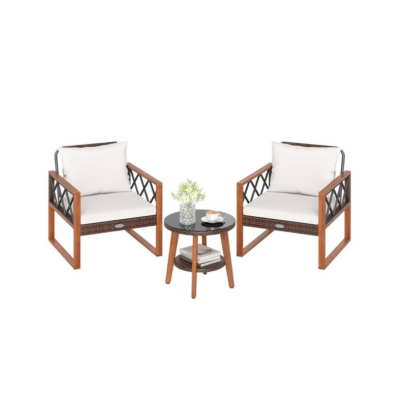 3-Piece Patio Conversation Set with Acacia Wood Table and Cushions Mix Brown Rattan Chairs - 28" × 26.5" × 31.5"