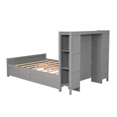 Gray Full Platform Bed with 4 Side Drawers and Storage Headboard Shelves