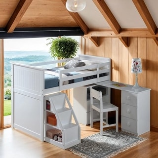 Twin Loft Bed with Built-in Desk and Chest, White