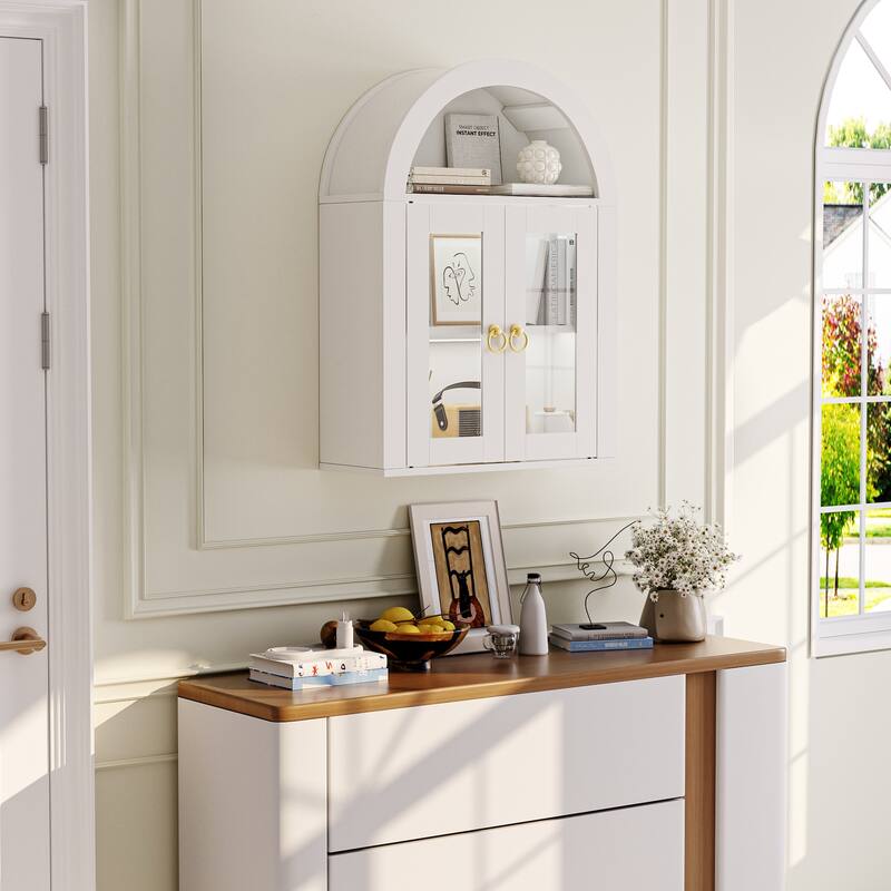 Wall Mounted Arched Cabinet with Glass Doors, Light and Adjustable Shelves for Laundry Room, Bathroom, Kitchen