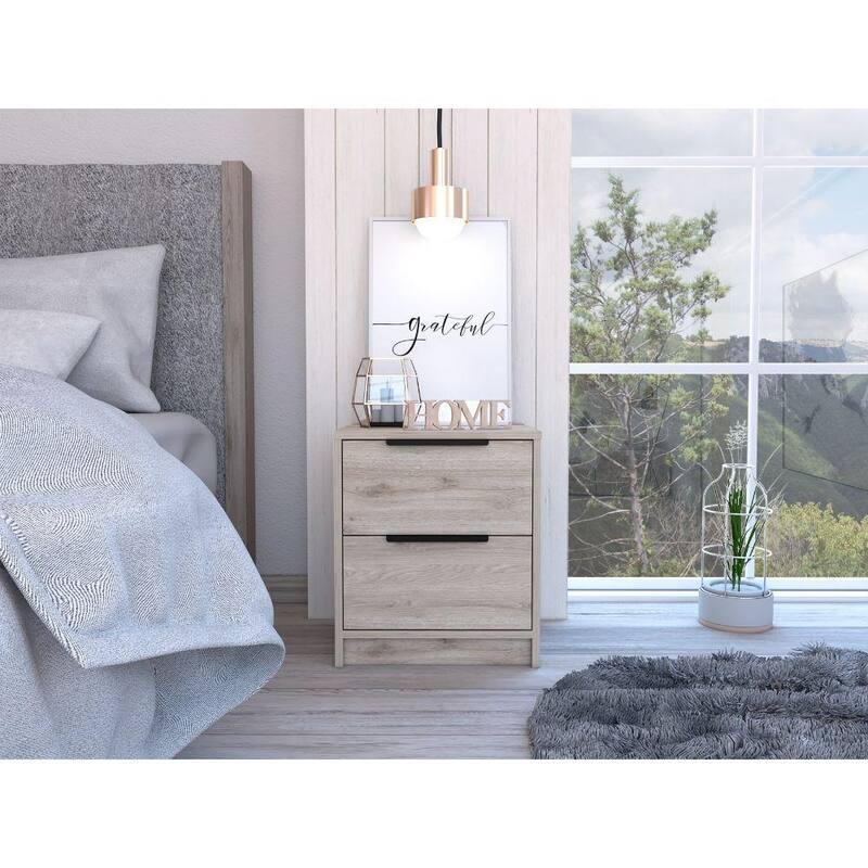 Modern Light Gray Nightstand with Two Drawers and Metal Hardware - Gray