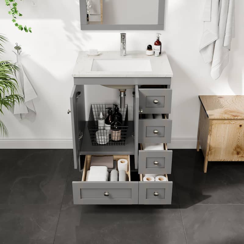 Eviva Happy 24"W x 18"D Gray Bathroom Vanity with White Carrara Quartz Vanity Top and Rectangular Undermount Sink