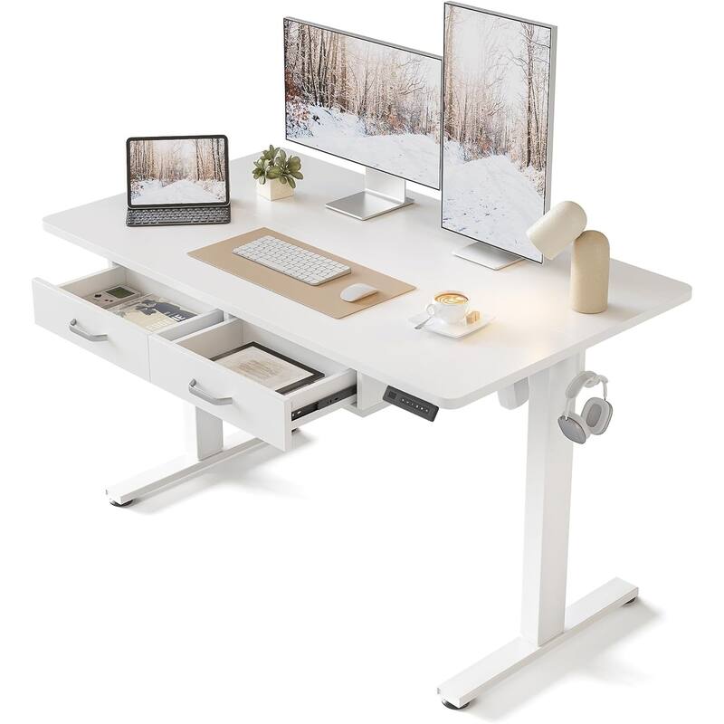 FEZIBO Adjustable Height Electric Standing Desk with Double Drawer, Stand Up Home Office Desk with Splice Tabletop