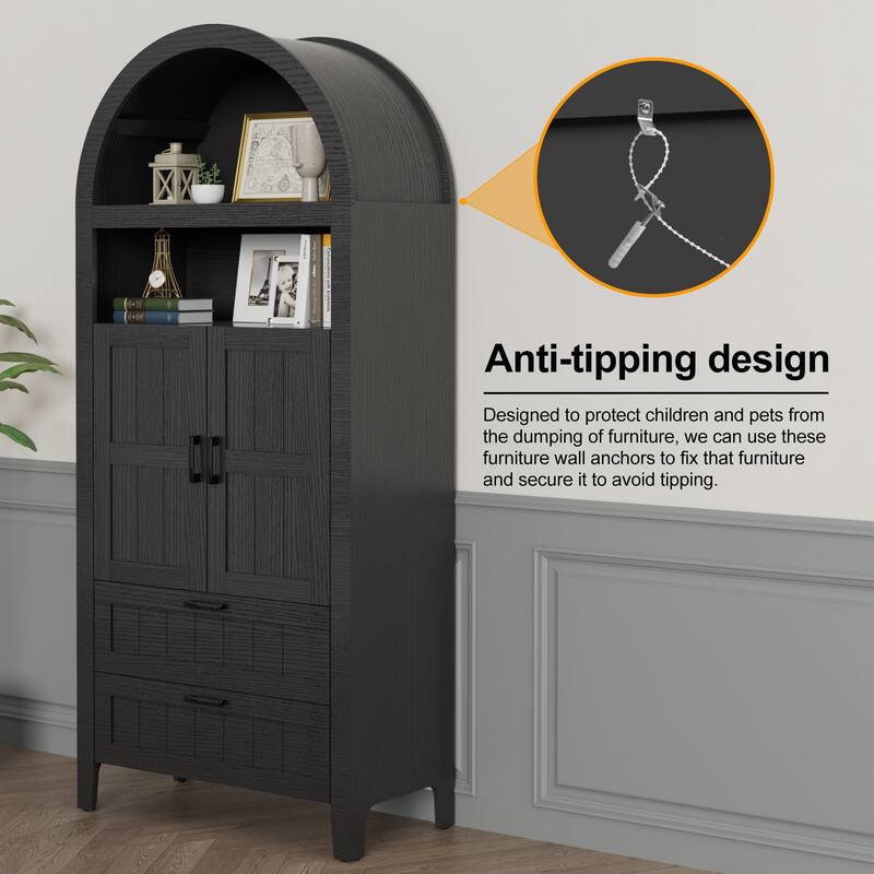 Arched Storage Cabinet Display Shelves 2 Drawers