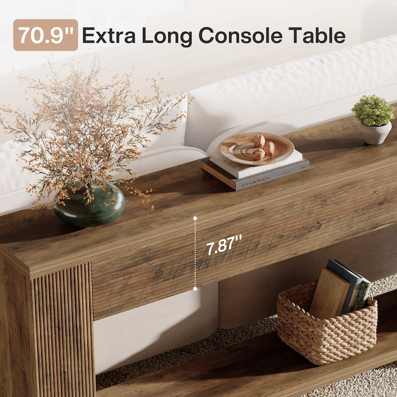 70.9-Inch Farmhouse Narrow Wooden Fluted Console Table for Entryway - 11.8" D x 70.86" W x 33.4" H