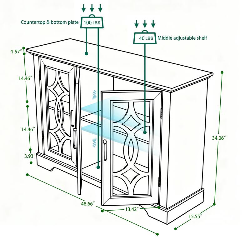 Sideboard Cabinet with 3 Tempered Glass Doors, Buffet Cabinet with Adjustable Shelf, Freestanding Wooden Storage Cabinet
