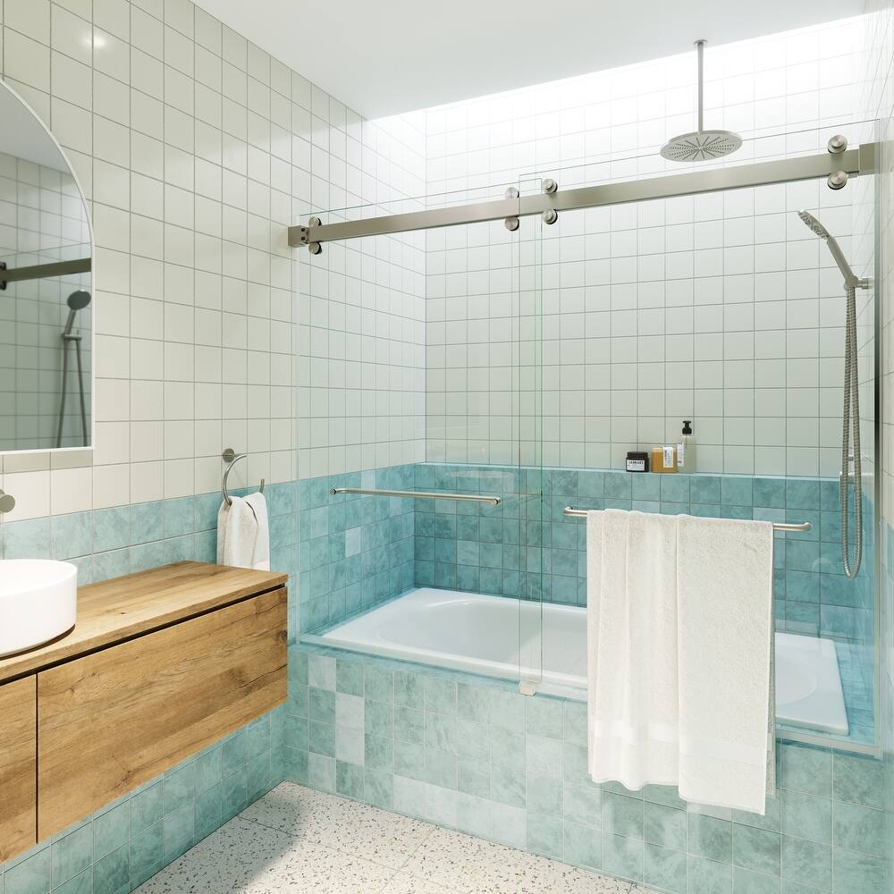 Polaris 60 in. x 60 in. Fully Frameless Glass Sliding Bypass Bathtub Doors with Square Hardware