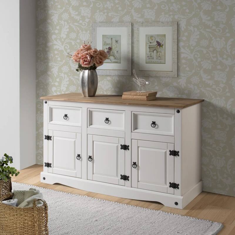 OS Home and Office Furniture Model COW388 Cottage Series Wood Buffet Sideboard in Distressed White