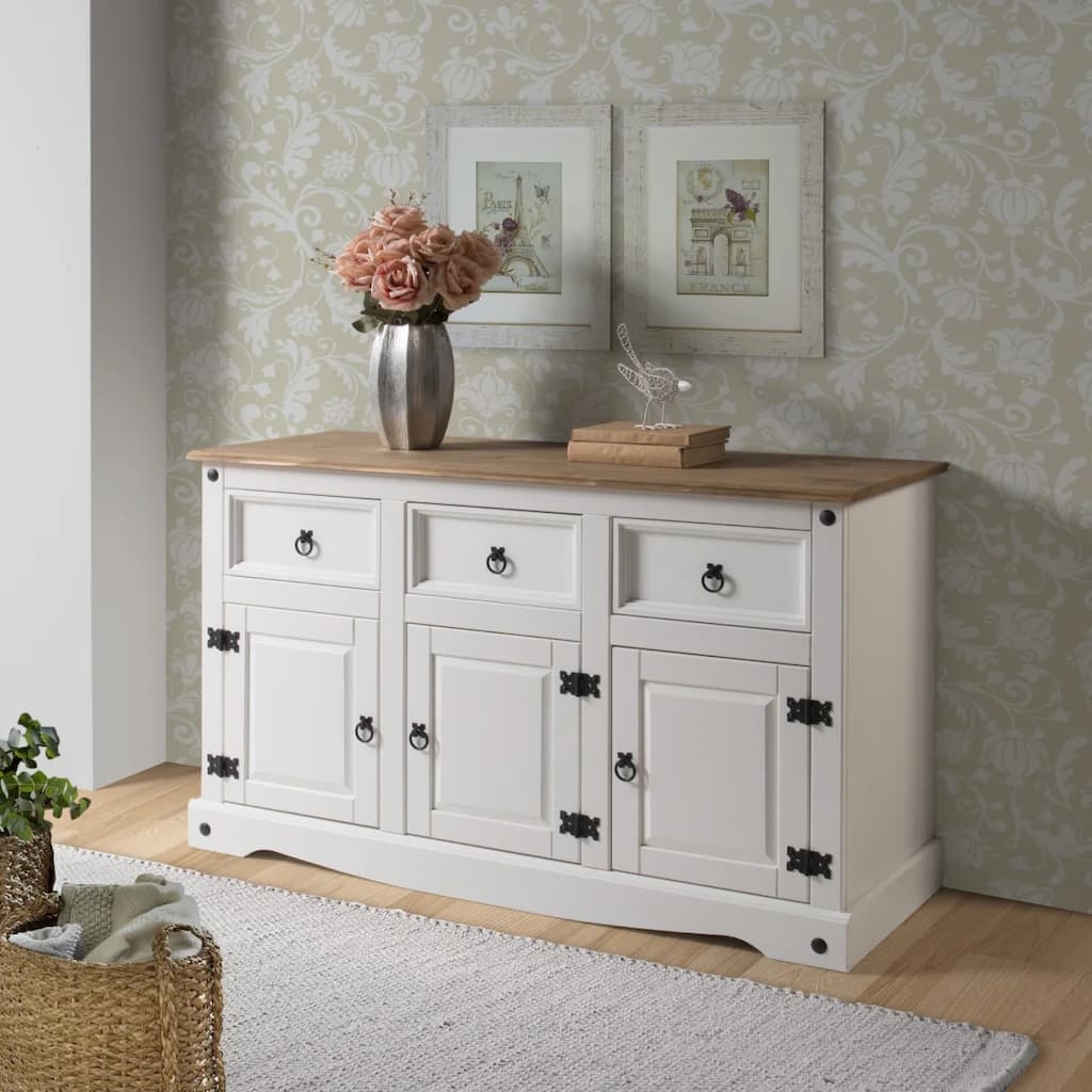 OS Home and Office Furniture Model COW388 Cottage Series Wood Buffet Sideboard in Distressed White