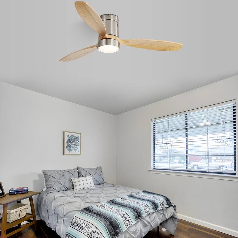 52 Inch Flush Mount Wood Blades White Ceiling Fan Reverse Airflow,6 Wind Speed,Remote Control