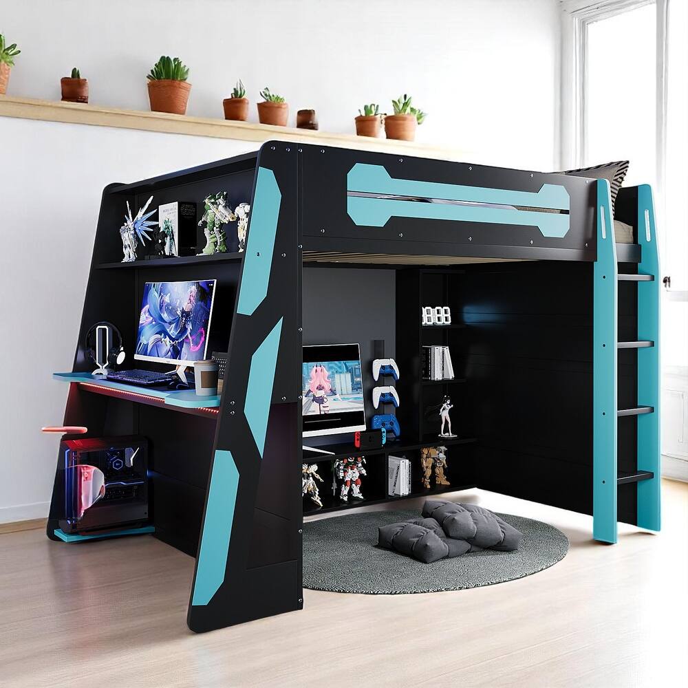 Full Size Gaming Loft Bed with Storage Shelves, Built-in Desk and RGB Light, Sturdy Wood Construction