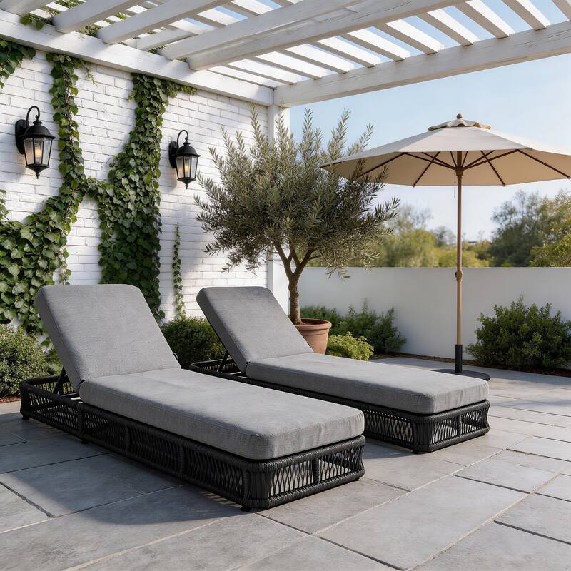 Set of 2 Woven Rattan Outdoor Chaise Lounge With Cushion - Grey/Dark Grey Frame