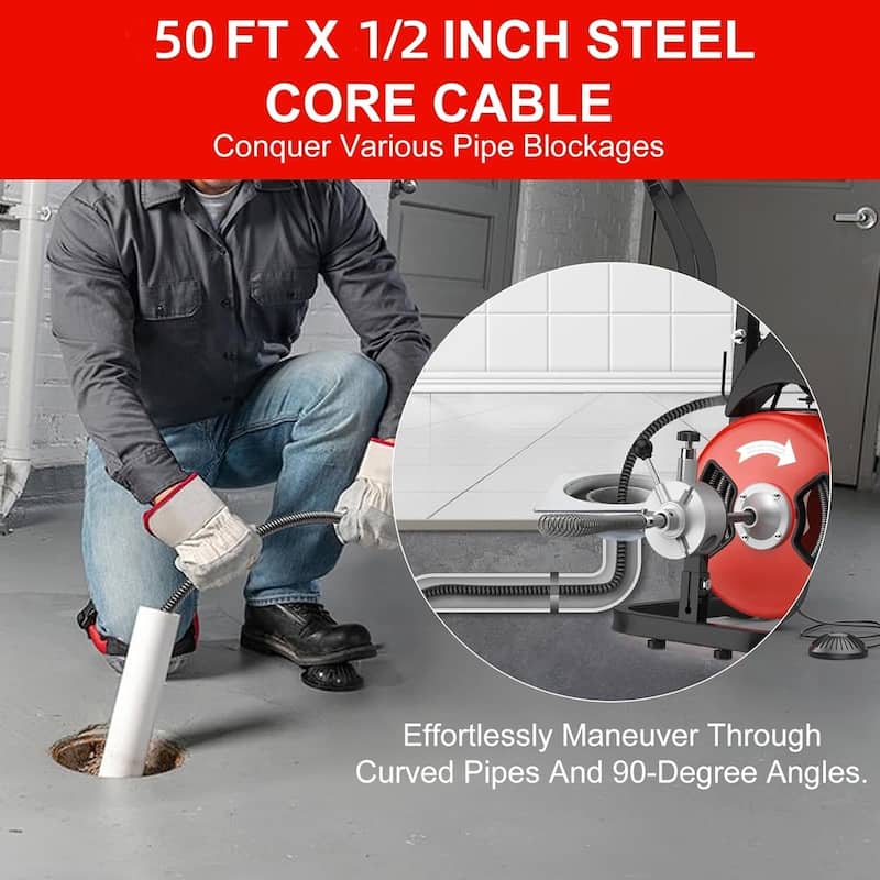 50FT 1/2 Inch Portable Electric Drain Auger, Drain Cleaning Machine