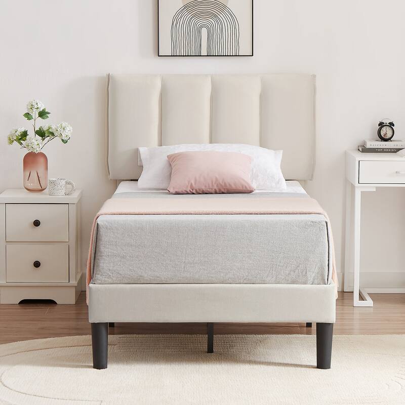 VECELO Beige Tufted Upholstered Platform Bed Frame with Adjustable Height Headboard-Twin/Full/Queen Size Beds